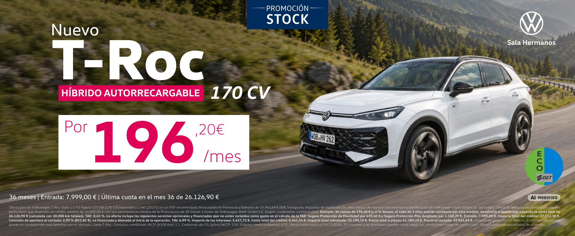 ¡Exclusivo online! Nuevo Volkswagen T-Roc Híbrido 116 CV por 196€/mes